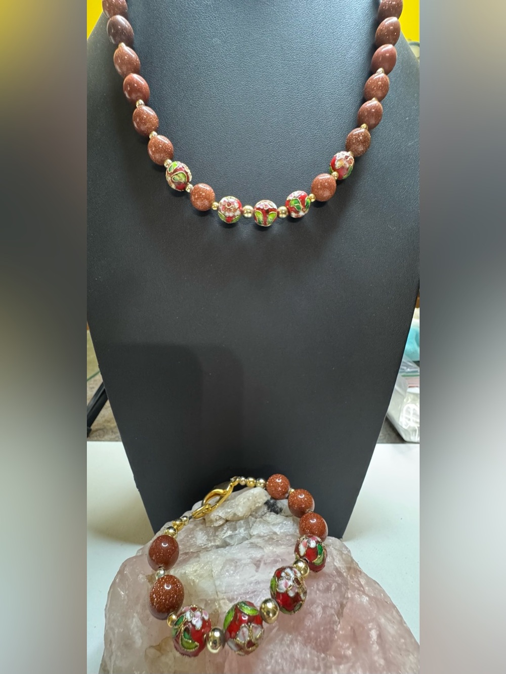 Cloisonné and Goldstone Necklace and Bracelet Set
